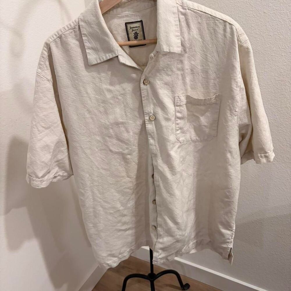 Jamaica Jaxx 100% Silk Hawaiian Shirt Blue Floral Jacquard Camp XL Short Sleeve